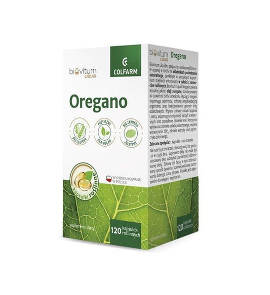 Biovitum flüssiger Oregano Kapseln von COLFARM, 120 Kapseln, Nahaufnahme der Kapseln in einer Packung
