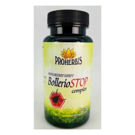 Bolleriostop-Komplex 400 MG von PROHERBIS, 100 Kapseln, Nahaufnahme der Verpackung und Kapseln.