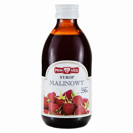 Himbeersirup in 250 ml Flasche von POLSKA ROŻA, dunkle roter Sirup mit fruchtigem Aussehen.