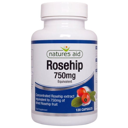 Hagebutten-Kapseln von NATURES AID, 750 mg, 120 Wildrosenkapseln, Nahaufnahme der Kapseln in einer Packung
