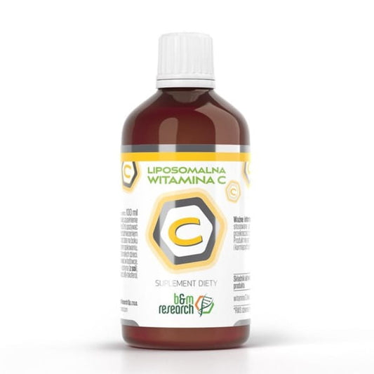 Liposomales Vitamin C Flasche von Botanical Research, 100 ml, mit Vitamin B und M in einem dunklen Glasflaschen-Design.