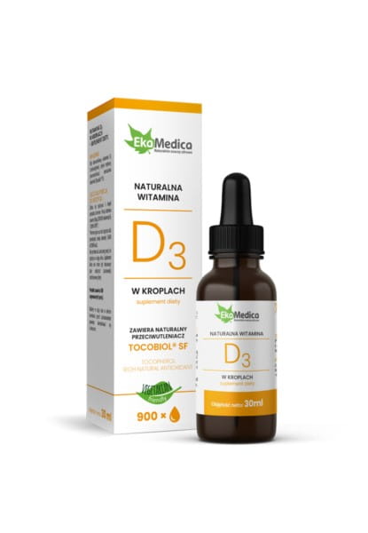 Vitamin D3 Tropfen in 30 ml Flasche von EKAMEDICA, flüssiges Nahrungsergänzungsmittel mit Tropfflasche.