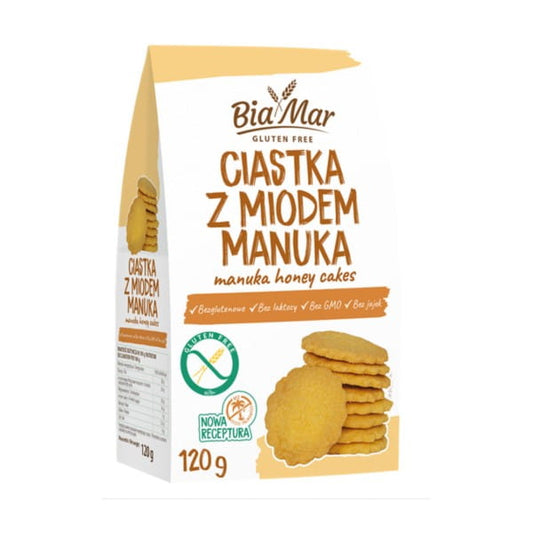 Biamar-Kuchen mit Manukahonig von LOOK FOOD, frisch und lecker, in einer weißen Verpackung, auf einem Holzbrett präsentiert