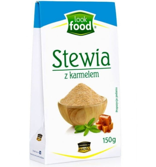 Lebensmittel Stevia mit Karamell von LOOK FOOD, 150 g, Nahaufnahme der Verpackung