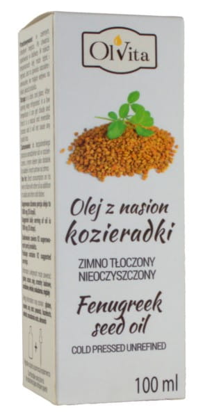 Olvita Bockshornkleesamenöl in 100 ml Flasche, naturbelassenes ätherisches Öl mit gelber Flüssigkeit und dunklem Flaschenverschluss.