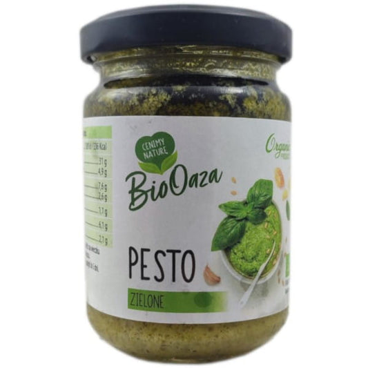 Grünes Bio-Pesto von BioOaza, 140 g, cremige Konsistenz mit frischen Kräutern und Basilikum, ideal für Pasta und Brot.
