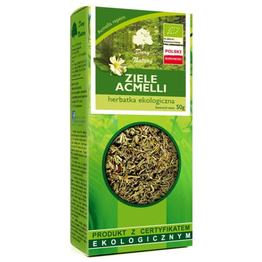 Acmella Kraut von DARY NATURY, 50g, zeigt frische Kräuterblätter, hilfreich bei Zahnschmerzen, Nahaufnahme.