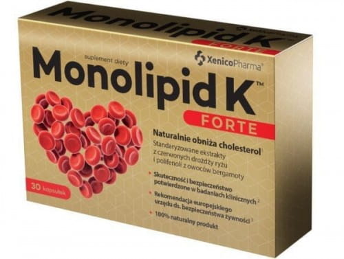 Monolipid K FORTE Nahrungsergänzungsmittel in 30 Kapseln von Xenico Pharma, zeigt die Kapseln in einer Verpackung.