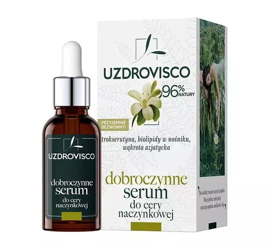 Gesichtsserum für Couperose-Haut von UZDROVISCO, 30 ml Flasche mit leichtem, versiegeltem Serum gegen Rötungen und Hautreizungen