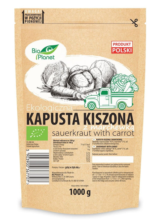 Bio Sauerkraut mit Karotten in 1 kg Doypack von BIO PLANET, frisches fermentiertes Gemüse in Glasverpackung