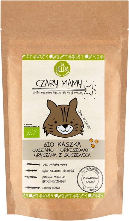 Bio Hafer, Dinkel, Buchweizen und Linsen Brei von HELPA, 200 g, zeigt eine offene Packung mit dem glutenfreien, nährstoffreichen Frühstücksbrei.