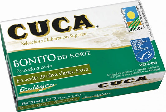 Dosen mit BIOPLANET Bonito-Thunfisch in BIO-Olivenöl extra vergine, 112 g, auf weißem Hintergrund.