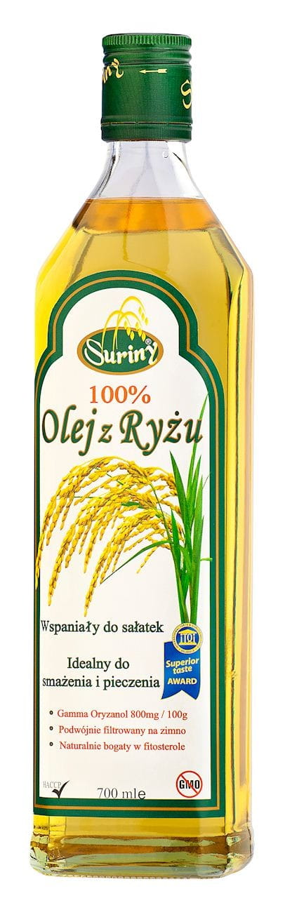 Reisöl in 750ml Flasche von SURINY, klare Flüssigkeit, ideal zum Kochen und Braten, auf weißem Hintergrund.
