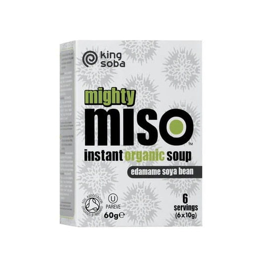 Weiße Miso-Instantsuppe mit glutenfreien Edamame-Sojabohnen, Verpackung mit 6 Beuteln à 10 g von KING SOBA