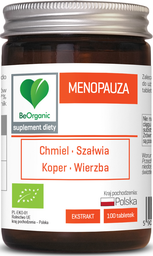 Biologische Wechseljahre Tabletten von BE ORGANIC, 100 Stück, 450 mg, in einer weißen Packung.