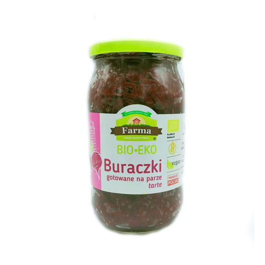 Gedämpfte, glutenfreie, geriebene Rüben von FARMA ŚWIĘTOKRZYSKA, BIO, in 720 g Verpackung, frisch und gesund.