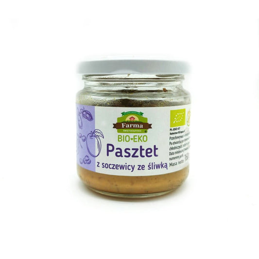 Glutenfreie Bio-Pastete mit Linsen und Pflaumen von FARMA ŚWIĘTOKRZYSKA, 160 g, in einer offenen Dose.