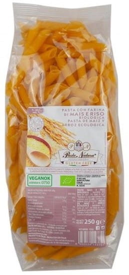 Bunte glutenfreie Bio-Nudeln aus Mais und Reis in Penne-Form, verpackt in einer transparenten Packung von PASTA NATURA.
