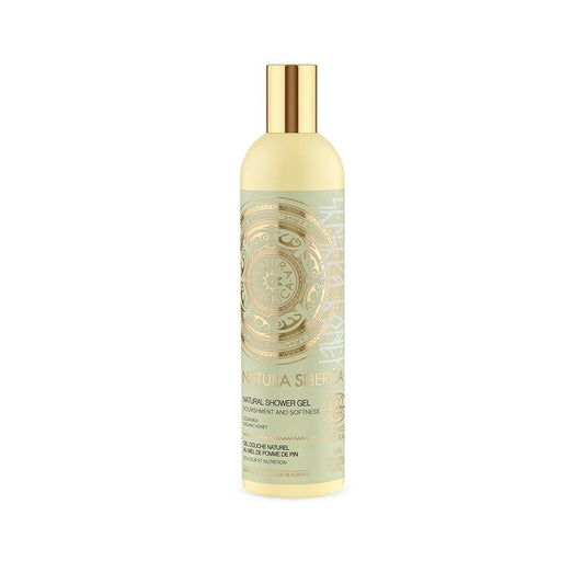 Duschgel Honig und Tannenzapfen von EUROBIO LAB, 400 ml Flasche mit gelblichem Duschgel und Tannenzapfen im Hintergrund