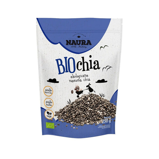 Bio Chiasamen von Naura, 250 g, sichtbare Chia-Samen in einer transparenten Verpackung