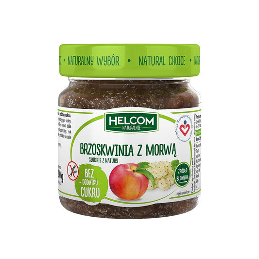 Pfirsich-Maulbeer-Fruchtpaste von Greek Trade, 200 g, cremige Fruchtzubereitung in Glasflasche mit Pfirsichen und Maulbeerbeeren sichtbar