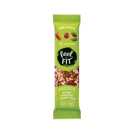 Nussriegel mit Mandeln, Cranberry und Kürbiskernen von Feel FIT, 35 g, close-up Ansicht des Riegels.