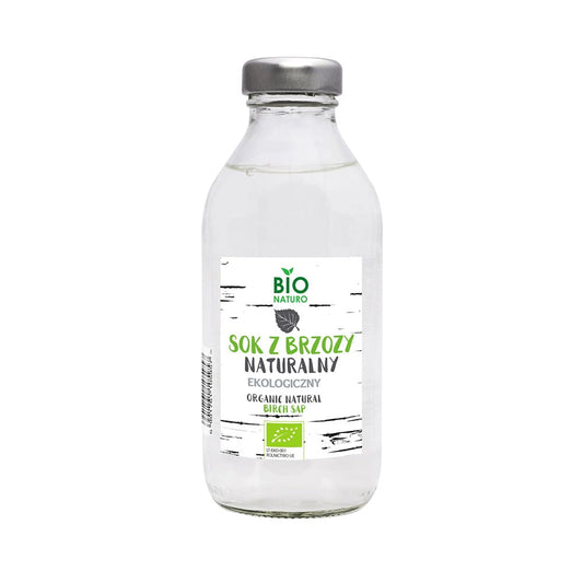 Birkensaft mit Aloe BIO von PolBioEco in 330 ml Flasche, natürlich und erfrischend, sichtbar im Bild.