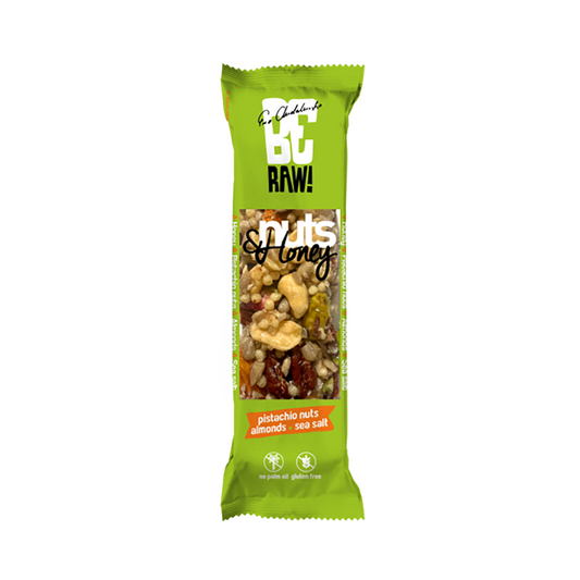 Geröstete Bar Nüsse mit Honig und Pistazien von Purella Food, 30 g, Nahaufnahme der Nüsse in einer Packung