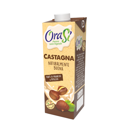 Kastaniengetränk in 1000 ml Flasche, von Unigra, mit braunem Kastaniendrink im Glas, frisch und naturbelassen.