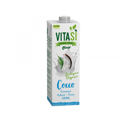 Bio-Kokosgetränk von VITASI in 1000 ml Flasche, cremige Kokosnussmilch in biologischer Qualität, sichtbar in der Flasche