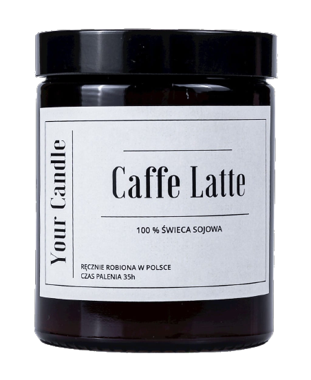 Sojakerze Caffe Latte von YOUR CANDLE, 180 ml, in einem Glasbehälter mit Kerzenwachs und Duftlampe, auf weißem Hintergrund