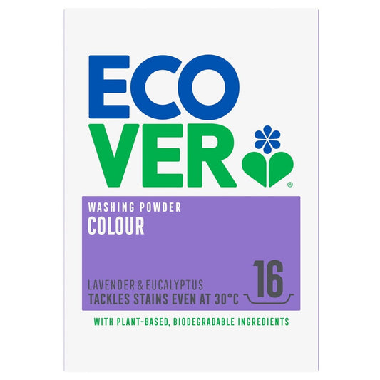 Waschpulver für Buntwäsche von ECOVER mit Lavendel- und Eukalyptus-Duft, 1,2 kg, sichtbare Verpackung und Produktbeschreibung