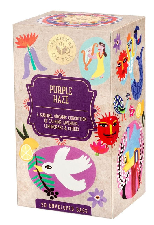 Bio Purple Haze Tee mit Zitronengras, 20 Teebeutel à 1,5 g, in einer transparenten Verpackung, von Ministry of Tea