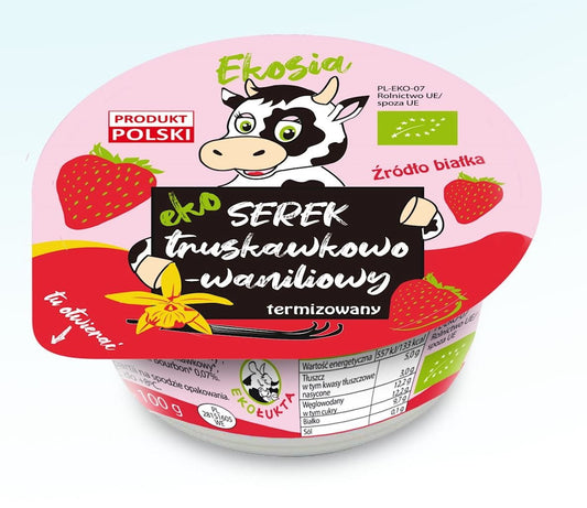 Bio Erdbeer-Vanille-Käse von EKO ŁUKTA, 120 g, cremiger Käse mit fruchtigen Erdbeer- und Vanillearomen, auf weißem Hintergrund