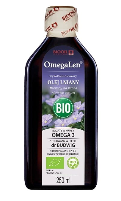 Bio-Leinöl kaltgepresst, hohe Linolensäure, Bio-Qualität, in 250 ml Flasche, von OMEGALEN, sichtbar in der Flasche