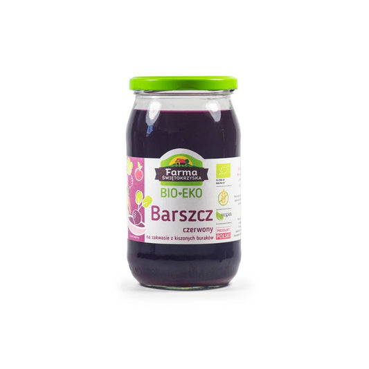 Glas mit roter Borscht aus Hühnerrüben, glutenfrei, biologisch, 720 ml, von FARMA ŚWIĘTOKRZYSKA, traditionelle polnische Borscht.