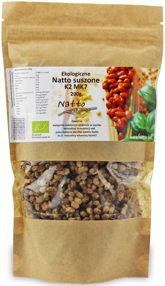 Getrocknetes Bio-Natto aus Soja, 200 g, mit sichtbaren braunen Bohnen und natürlicher Textur, von NATTO.