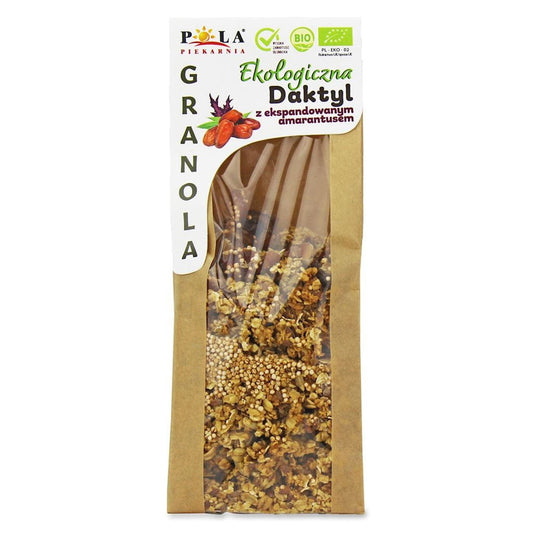 Bio Granola mit Datteln und Amaranth, ohne Zuckerzusatz, in 200 g Packung von Piekarnia Pola, zeigt die Crunch-Granola in der Verpackung.