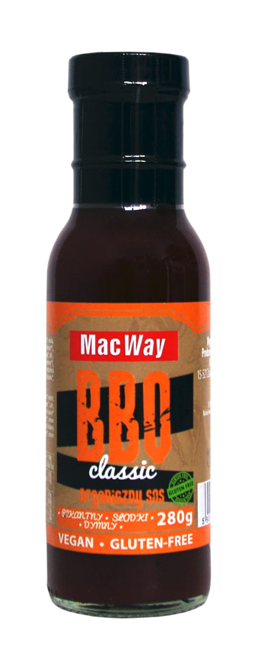 Glutenfreier BBQ-Klassiker von MacWay, 280g, vegan und bio, gegrillt auf einem Teller mit Beilagen.
