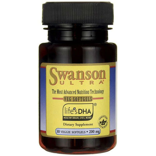 DHA 200mg aus Lebensalgenöl, 30 Kapseln, von SWANSON, zeigt die Kapseln in einer offenen Verpackung.