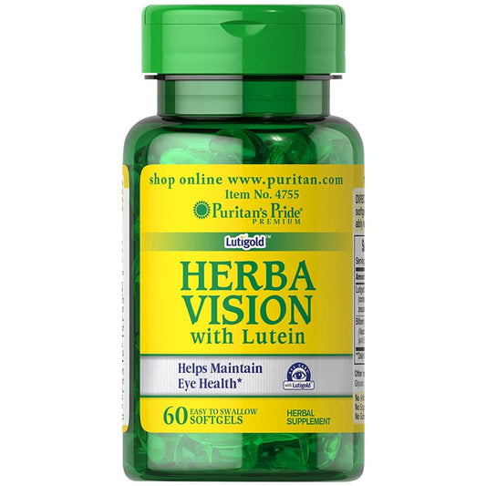 Herbavision Lutein Kapseln von PURITAN'S PRIDE, 60 Stück, Nahaufnahme der braunen Kapseln in einer Packung.