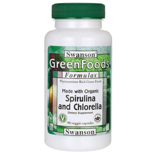 Bio Spirulina und Chlorella Kapseln von SWANSON, 90 Stück, grüne Nahrungsergänzungsmittel in braunen Kapseln.