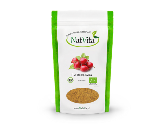 Gemahlene Bio-Hagebutten und Chilischalen von NATVITA, 150g, in einer offenen Packung auf weißem Hintergrund sichtbar