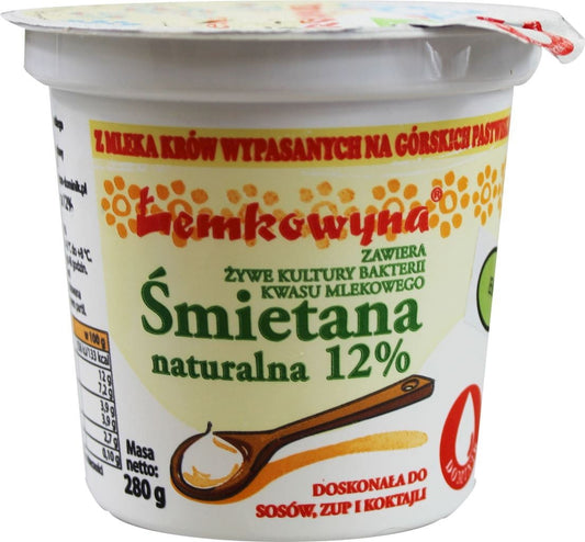Bio-Sahne mit 12% Fett, 280 g, von ŁEMKOWYNA, cremige Oberfläche in einem frischen Milchpackung.