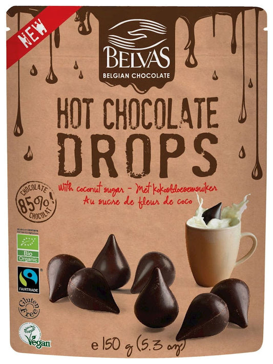 Dunkle Bio-Schokoladendropsy von BELVAS, glutenfrei und milchfrei, 150 g, mit dunkler Schokolade in einer offenen Verpackung