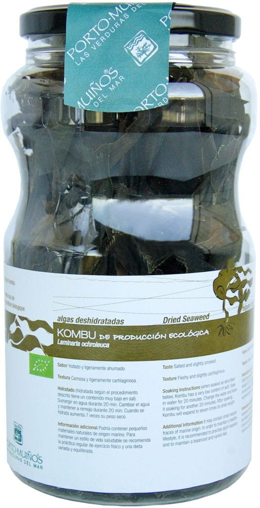 Getrocknete Bio-Meeresalgen Kombu von PORTO MUINOS, 100 g, frisch und grün, in einer transparenten Verpackung.