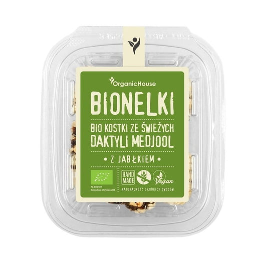 Bio glutenfreie Datteln mit Apfel, 80 g, von BIONELKI, in einer transparenten Verpackung.