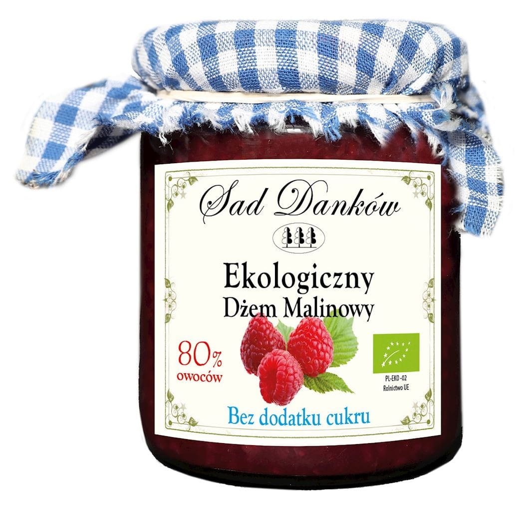 Himbeermarmelade ohne Zucker, Bio, 260 g von SAD DANKÓW, Glas mit roter Marmelade und Etikett, Nahaufnahme