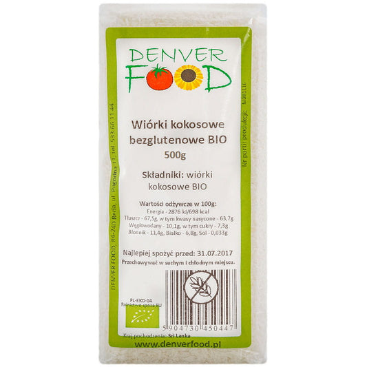 Glutenfreie Bio Kokosraspeln von DENVER FOOD, 500g, fein geraspelt, für Backen und gesunde Küche, in Packung.