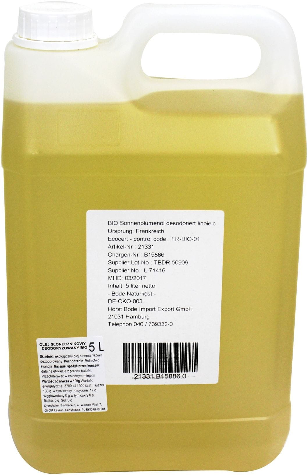 Sonnenblumenöl, geruchlos BIO 5000 ml - HORECA